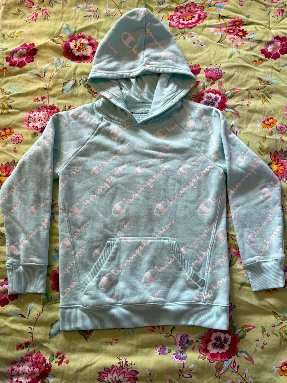 Champion all over white print on teal hoodie youth medium GUC